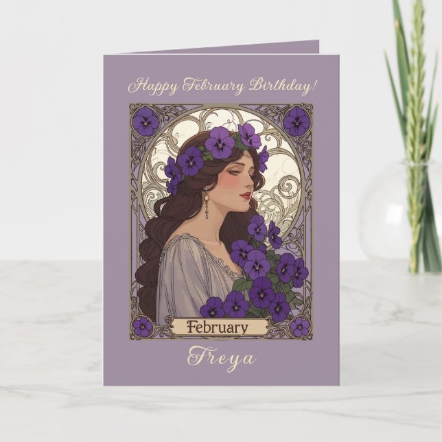 Tarjeta Happy January Birthday Violet Flowers Art Nouveau (Anverso)