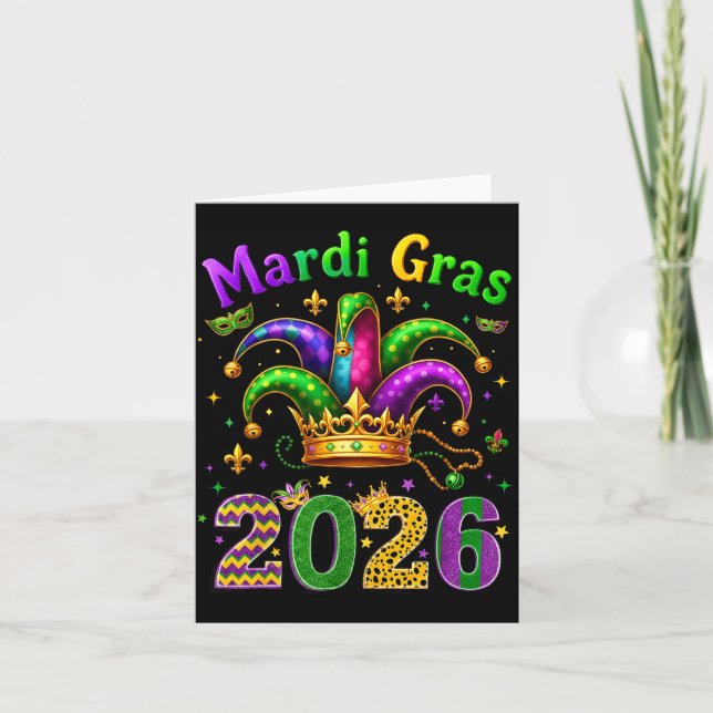 Tarjeta Happy Mardi Gras 2026 Jester Hat Men Women Kid Car (Anverso)