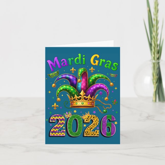 Tarjeta Happy Mardi Gras 2026 Jester Hat Men Women Kid Car (Anverso)