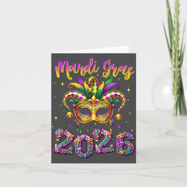 Tarjeta Happy Mardi Gras Carnival 2026 Jester Hat Men Wome (Anverso)