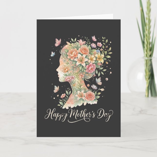 Tarjeta Happy Mother’s Day Slogan Floral Woman Silhouette  (Anverso)