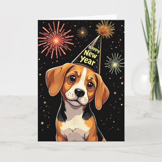 Tarjeta Happy New Year 2025 Eve Firework Dog Funny Beagle  (Anverso)
