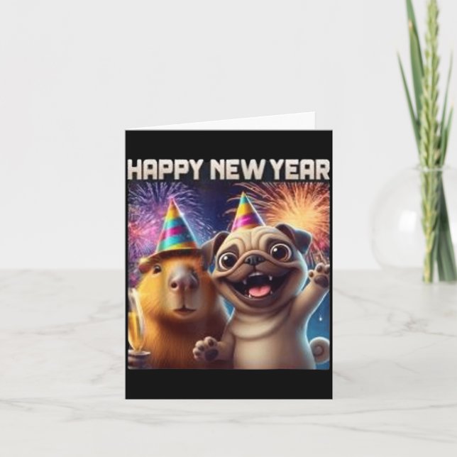 Tarjeta Happy New Year 2026 Capybara Pug Party Art  (Anverso)