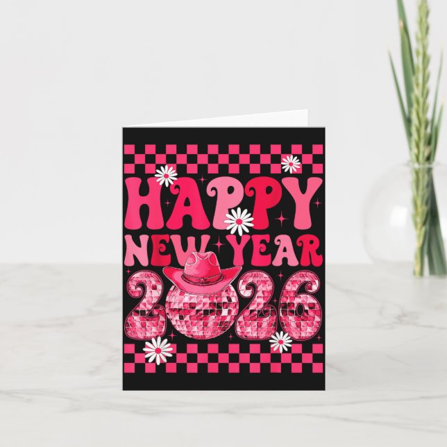 Tarjeta Happy New Year 2026 Cowgirl Cowboy Disco Ball Girl (Anverso)