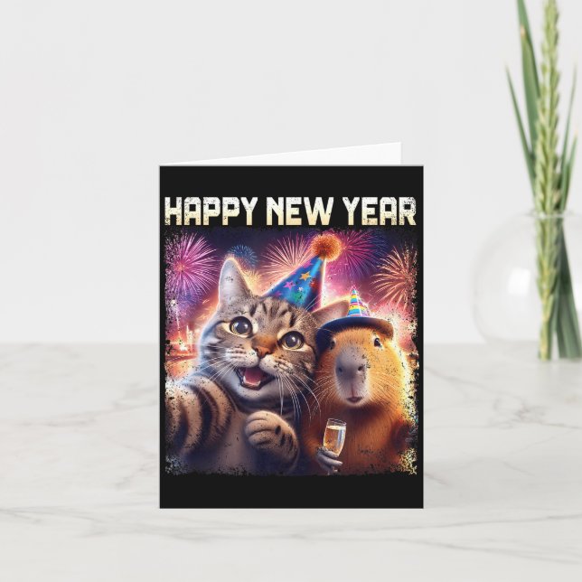 Tarjeta Happy New Year 2026 Cute Cat Capybara Party Art  (Anverso)