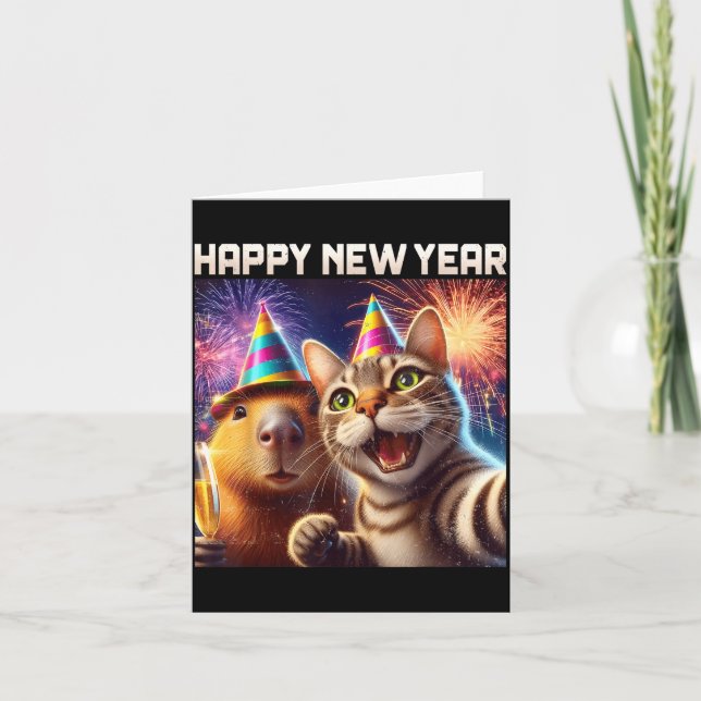 Tarjeta Happy New Year 2026 Cute Cat Capybara Party Art  (Anverso)