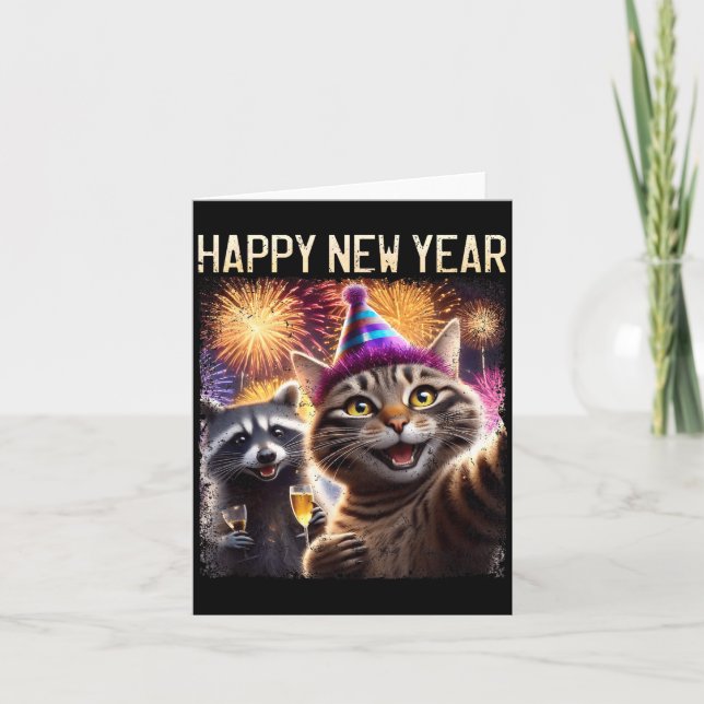 Tarjeta Happy New Year 2026 Cute Cat Raccoon Celebration  (Anverso)