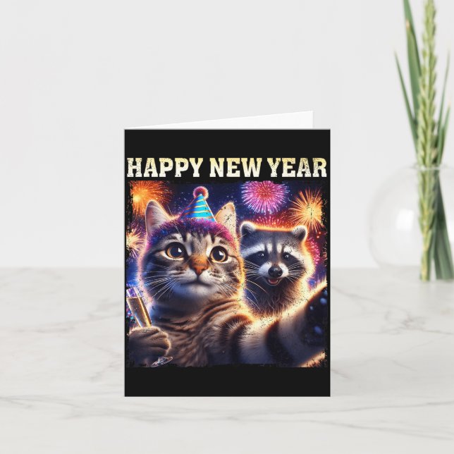 Tarjeta Happy New Year 2026 Cute Cat Raccoon Celebration  (Anverso)