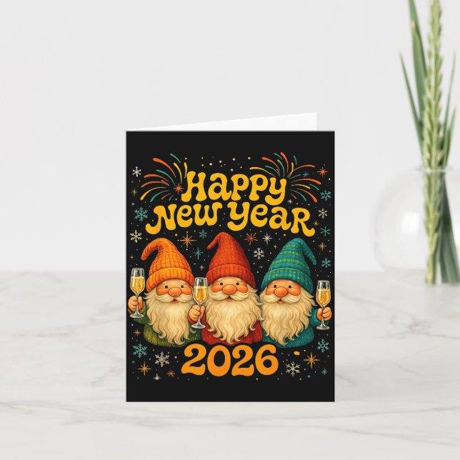 Tarjeta Happy New Year 2026 Cute Gnome Party Gift  (Anverso)