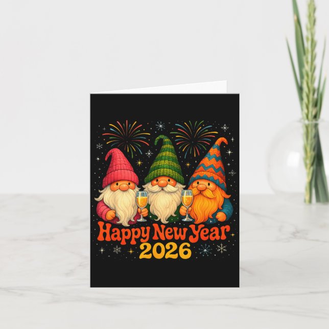 Tarjeta Happy New Year 2026 Cute Gnome Party Gift  (Anverso)
