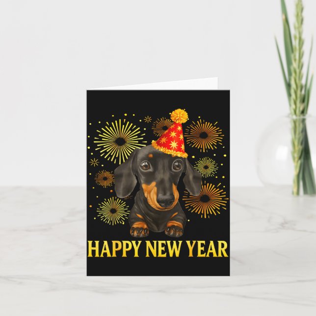 Tarjeta Happy New Year 2026 Dachshund Fireworks New Years  (Anverso)