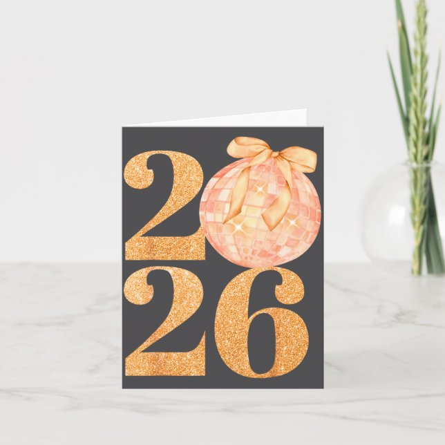 Tarjeta Happy New Year 2026 Disco Ball Coquette Bow New Ye (Anverso)