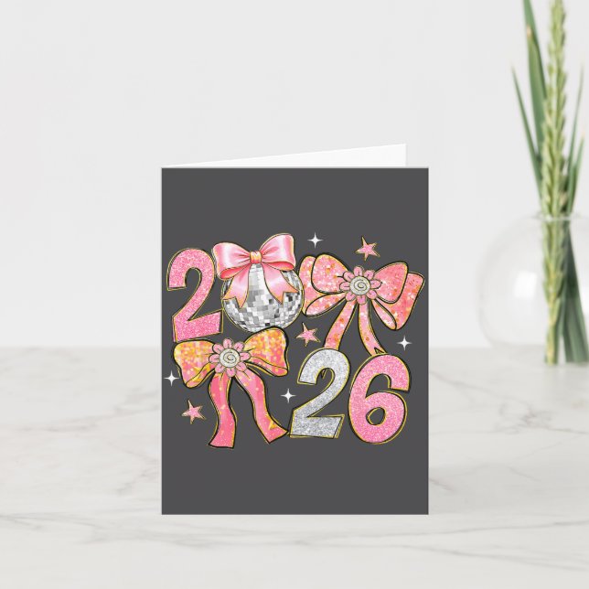 Tarjeta Happy New Year 2026 Disco Ball Coquette Bow New Ye (Anverso)