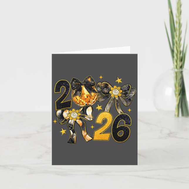 Tarjeta Happy New Year 2026 Disco Ball Coquette Bow New Ye (Anverso)