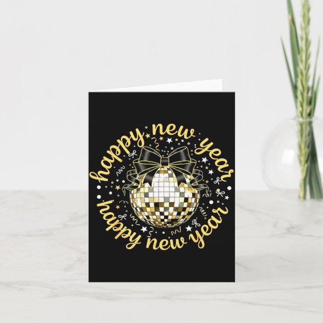 Tarjeta Happy New Year 2026 Disco Ball Gold Bow Coquette C (Anverso)