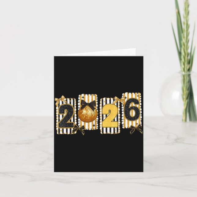 Tarjeta Happy New Year 2026 Disco Ball Gold Coquette Bow F (Anverso)