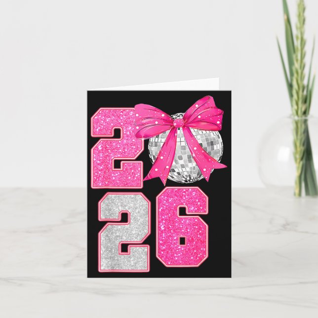 Tarjeta Happy New Year 2026 Disco Ball Nk Coquette Bow Fam (Anverso)
