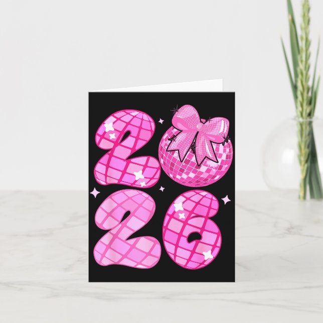 Tarjeta Happy New Year 2026 Disco Ball Nk Coquette Bow Fam (Anverso)