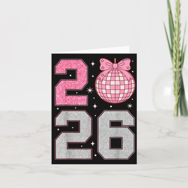 Tarjeta Happy New Year 2026 Disco Ball Nk Coquette Bow Fam (Anverso)