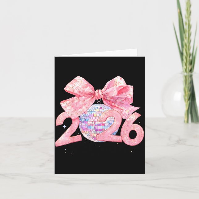 Tarjeta Happy New Year 2026 Disco Ball Nk Coquette Bow Fam (Anverso)