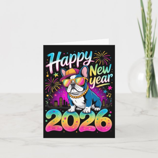 Tarjeta Happy New Year 2026 French Bulldog Fireworks Party (Anverso)