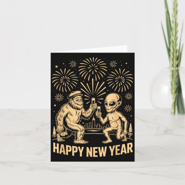 Tarjeta Happy New Year 2026 Funny Bigfoot And Alien Lovers (Anverso)