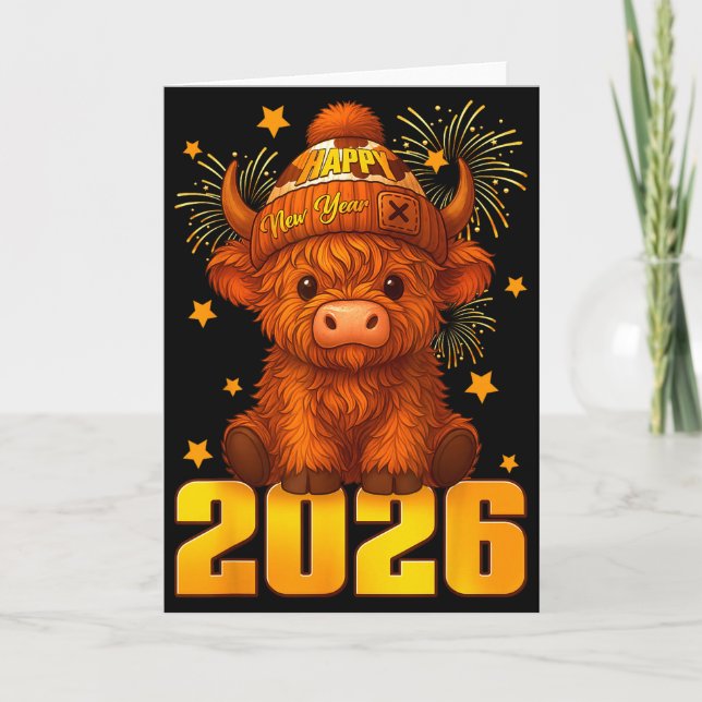 Tarjeta Happy New Year 2026 Highland Cow &amp; Party Hat N (Anverso)