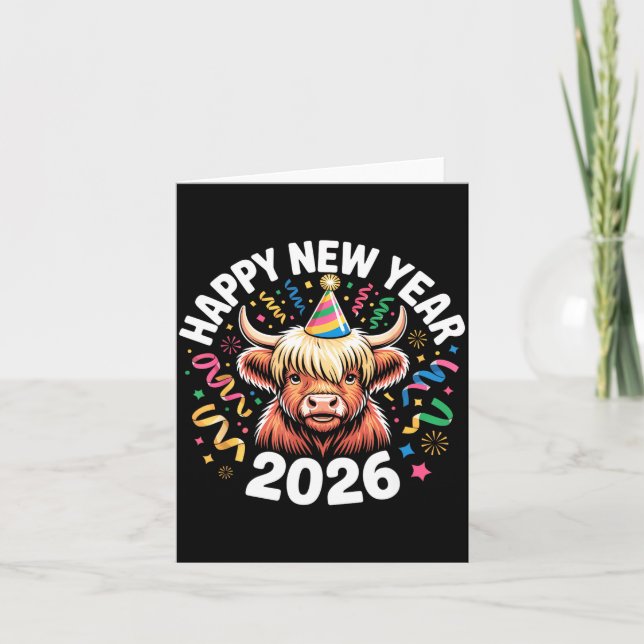 Tarjeta Happy New Year 2026 Highland Cow &amp; Party Hat N (Anverso)