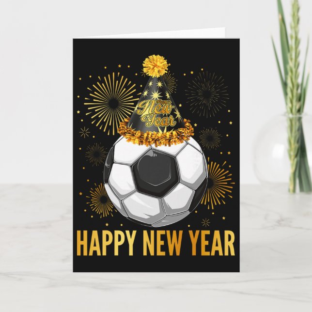 Tarjeta Happy New Year 2026 Soccer Party Hat New Years Eve (Anverso)