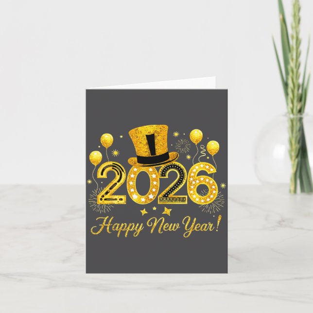 Tarjeta Happy New Year 2026 Top Hat Balloons Party New Yea (Anverso)