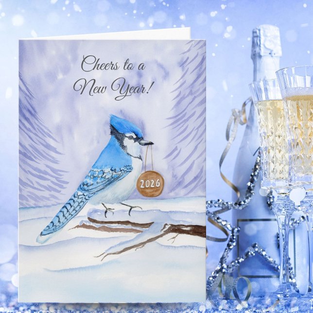 Tarjeta Happy New Year Blue Jay Holding a 2026 Wooden Sign (Subido por el creador)