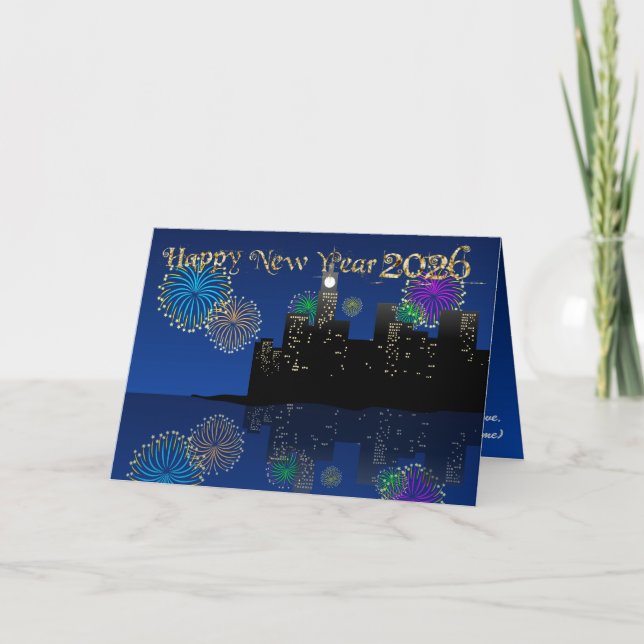 Tarjeta Happy New Year’s Eve Midnight Fireworks City Light (Anverso)