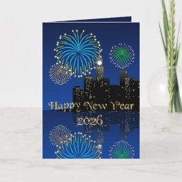 Tarjeta Happy New Year’s Eve Midnight Fireworks City Light