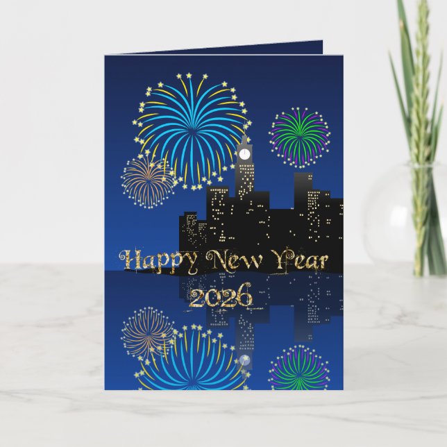 Tarjeta Happy New Year’s Eve Midnight Fireworks City Light (Anverso)