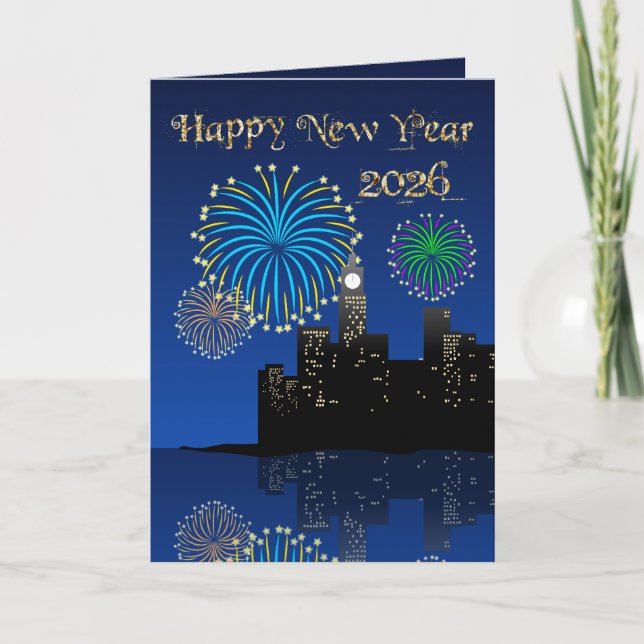 Tarjeta Happy New Year’s Eve Midnight Fireworks City Light (Anverso)