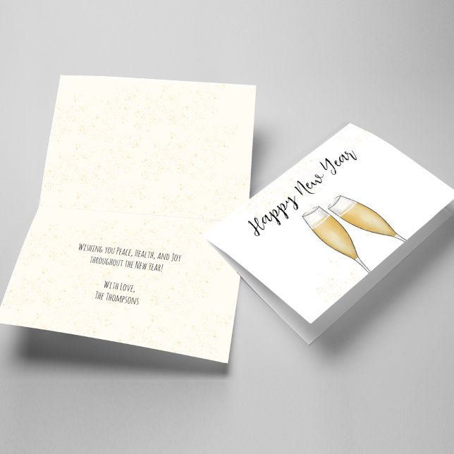 Tarjeta Happy New Years Calligraphy Champagne (Happy New Year folding greeting card)