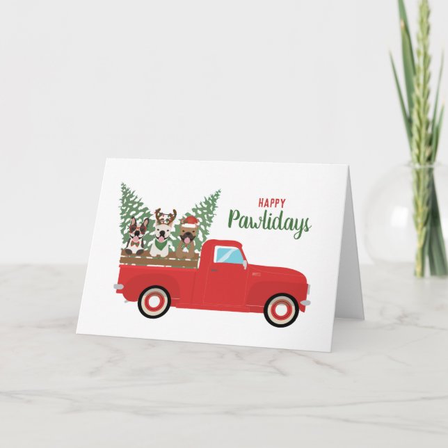 Tarjeta Happy Pawlidays French Bulldogs Red Pickup Truck (Anverso)