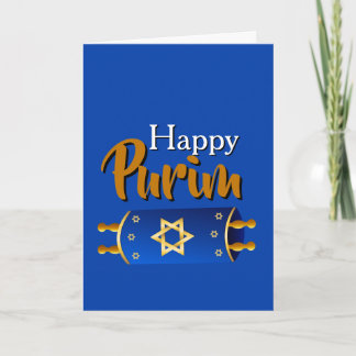 Tarjeta Happy Purim Greeting Card - Blue Gold Torah Scroll