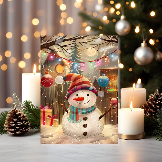 Tarjeta Happy Snowman with Colorful Lights & Holiday Cheer (A cheerful snowman under twinkling lights — pure holiday joy in card form)