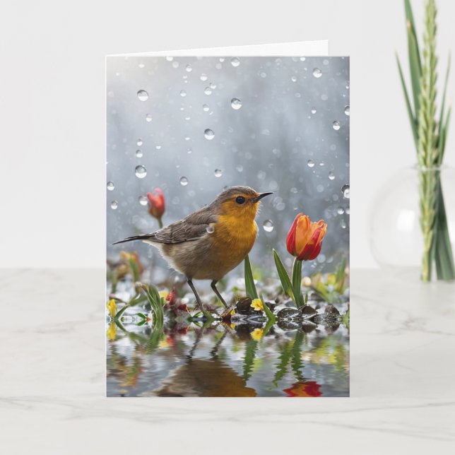 Tarjeta Happy Spring Vernal Equinox Cute Bird and Tulip  (Anverso)