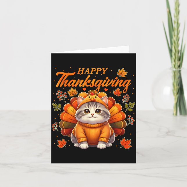 Tarjeta Happy Thanksgiving Cat Turkey Day Autumn Fall Men  (Anverso)