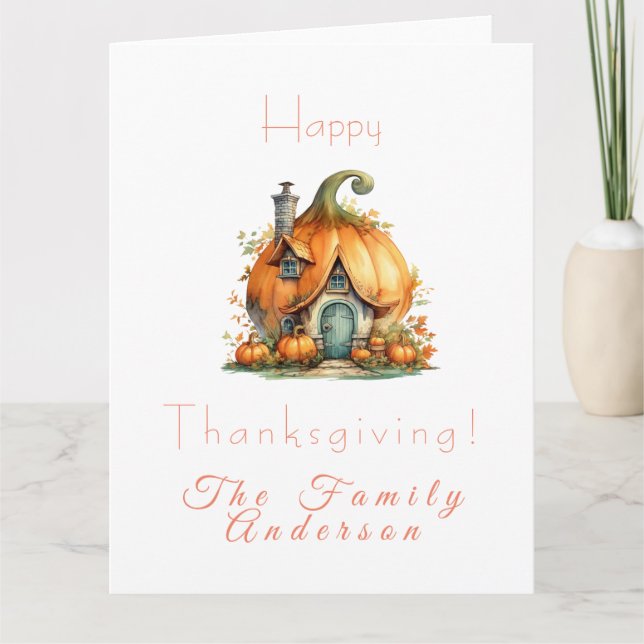 Tarjeta Happy thanksgiving lpumpkin house white (Anverso)