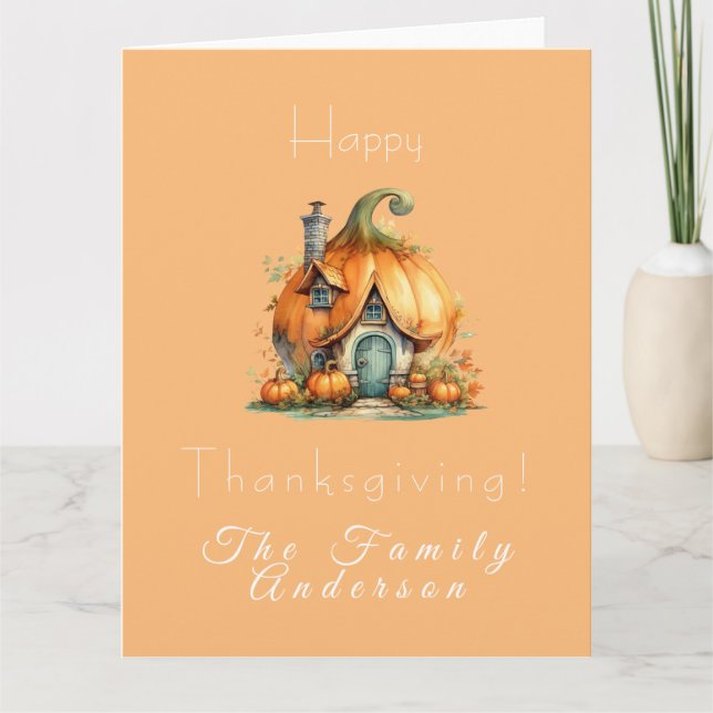 Tarjeta Happy thanksgiving pumpkin house yellow (Anverso)