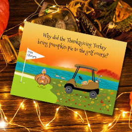 Tarjeta Happy Thanksgiving Turkey on Golf Course With Pie