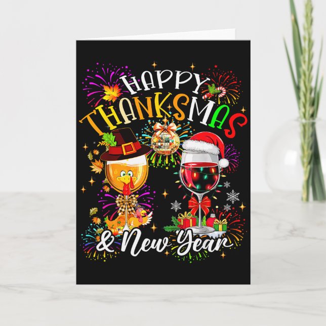 Tarjeta Happy Thanksmas &amp; New Year Firework Disco Wine (Anverso)