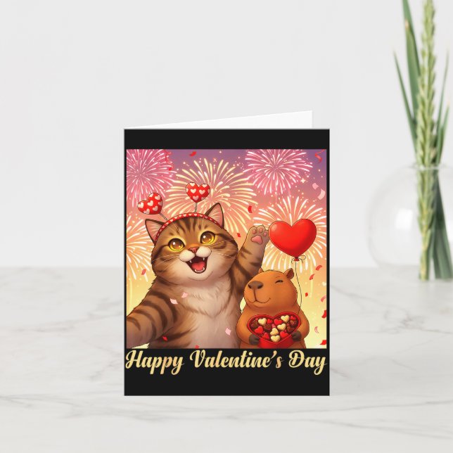 Tarjeta Happy Valentines 2026 Cute Cat Capybara Party Art  (Anverso)