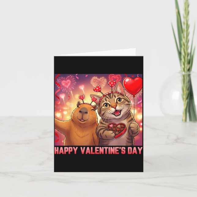 Tarjeta Happy Valentines 2026 Cute Cat Capybara Party Art  (Anverso)