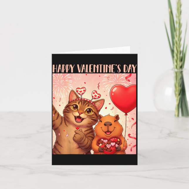 Tarjeta Happy Valentines 2026 Cute Cat Capybara Party Art  (Anverso)