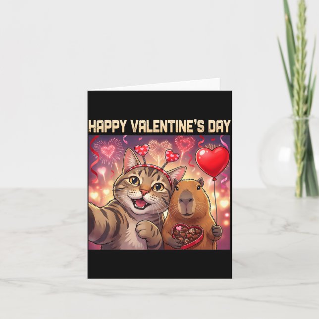 Tarjeta Happy Valentines 2026 Cute Cat Capybara Party Art  (Anverso)