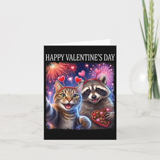 Tarjeta Happy Valentines 2026 Cute Cat Raccoon Party Art  (Anverso)